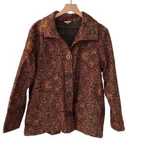 Habitat Burgundy Paisley Upholstery Artsy Boho Button Up Blazer Pockets Size XL
